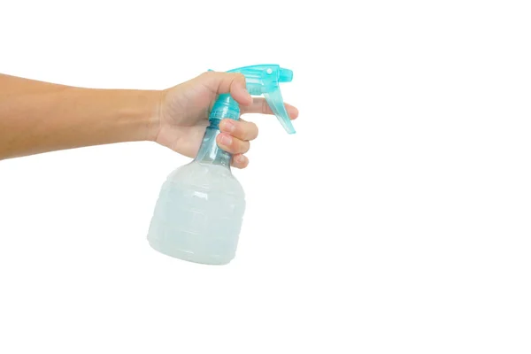 Show Gesture Water Bottle Spraying Hand Isolated White Background — Stock Photo, Image