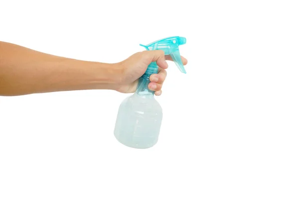 Επίδειξη Χειρονομίας Φιάλη Νερού Για Ψεκασμό Στο Χέρι Απομονωμένη Λευκό — Φωτογραφία Αρχείου