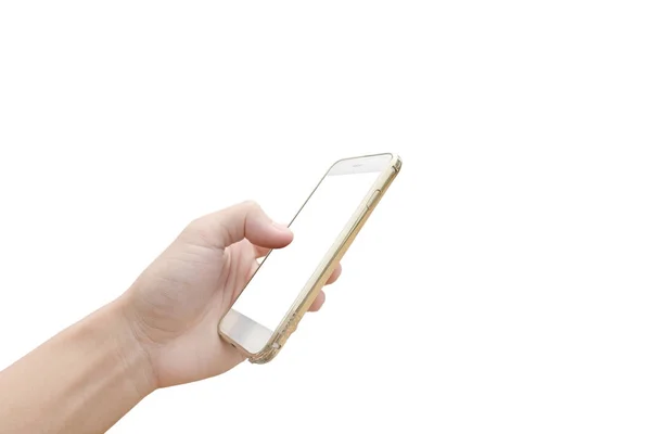 Mão Homem Asiático Está Segurando Smartphone Com Tela Branca Caso — Fotografia de Stock