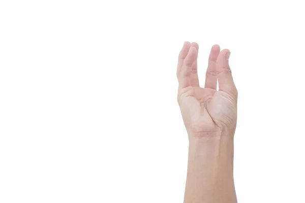 Χέρι Του Ασιάτη Έδειξε Χειρονομία Για Αρπάξει Κάτι Απομονωμένο Λευκό — Φωτογραφία Αρχείου
