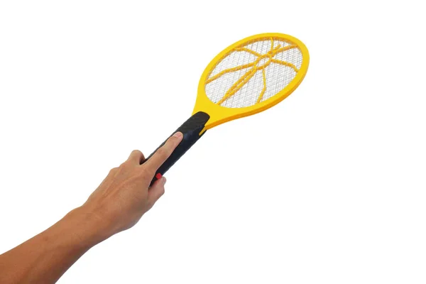 Handen Håll Elektrisk Mygga Swatter Att Slå Myggor — Stockfoto