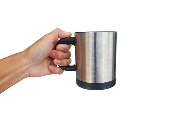 Hand Asian Hold Stainless Steel Coffee Mug Isolated White Background — Stock Photo, Image