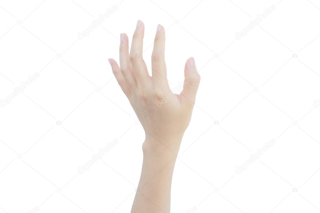 hand of woman with white skin reach up grab isolated on white background