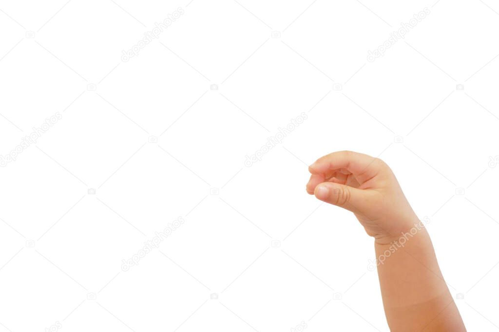 hand of fat asian baby boy is in Reaching out gesture tograb something on white background