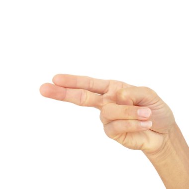 Beyaz arka planda izole edilmiş Asyalı bir adamın el işareti.