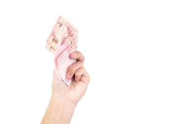 Tayland baht nakit para Banknotlar beyaz arka planda izole adam elinde
