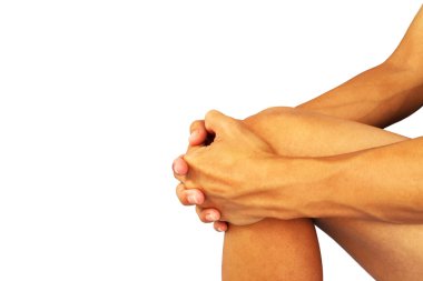 Beyaz arka planda izole edilmiş egzersiz için iki elini de kaldır.