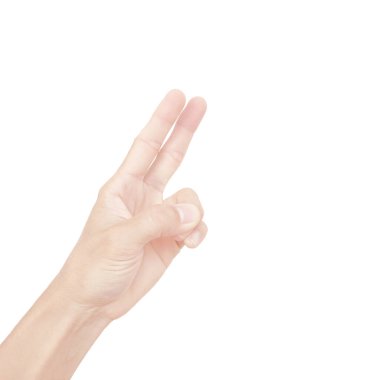 Beyaz arka planda izole edilmiş mimikleri olan Asyalı bir adamın eli