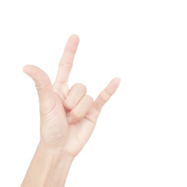 Beyaz arka planda izole edilmiş mimikleri olan Asyalı bir adamın eli