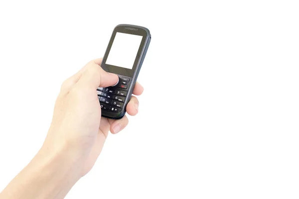 Starý Mobilní Telefon Bílou Obrazovkou Ruce Izolované Bílém Pozadí — Stock fotografie