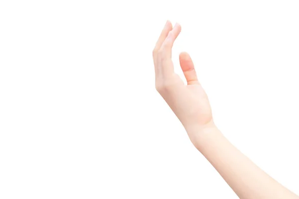 女人的手伸出手来 看到手掌被白色背景隔离 — 图库照片