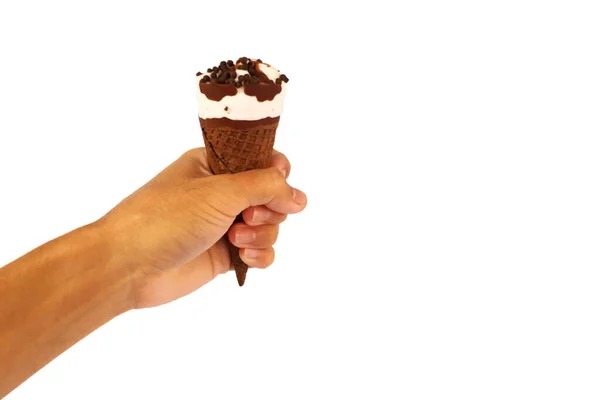 Cone Sorvete Com Sabor Chocolate Mão Isolado Fundo Branco — Fotografia de Stock