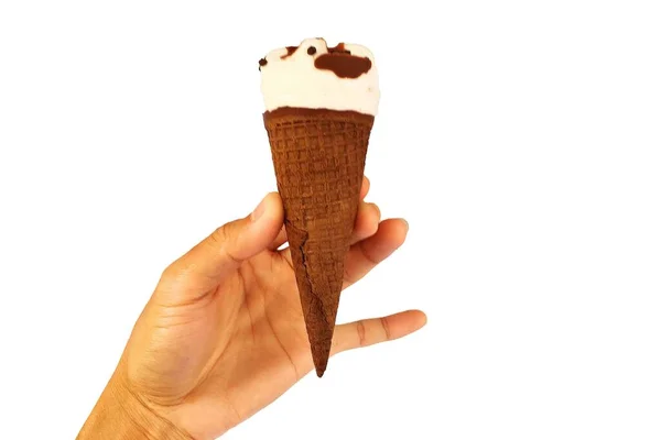 Cono Helado Con Sabor Chocolate Mano Aislado Sobre Fondo Blanco — Foto de Stock