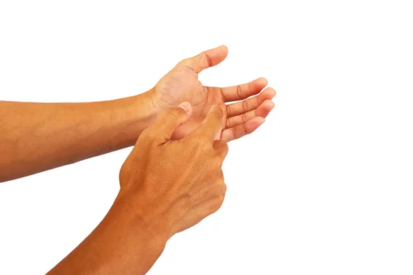Använda Pekfingret Touch Palm Vänster Hand Isolerad Vit Bakgrund — Stockfoto