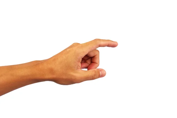 Ręka Człowieka Jest Wyciągnąć Rękę Prasę Coś Palcem Wskazującym Odizolowany — Zdjęcie stockowe