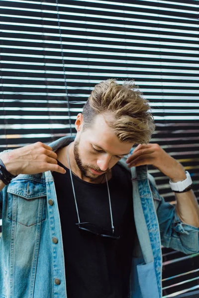 Handsome Young Man Denim Jeans Clothes — Stock Photo, Image