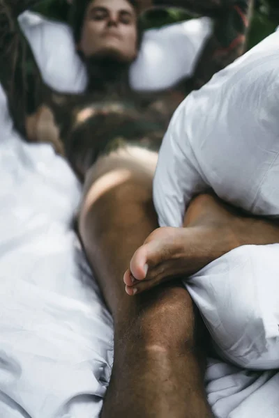 Young Handsome Tattooed Man Morning Bed Tosses Pillows Bed Garden — Stock Photo, Image