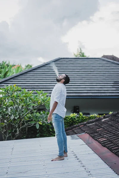 Young Handsome Man Smoking Cigarette Roof — Stock Photo, Image