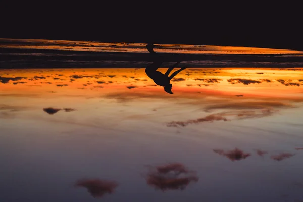 Persona Sulla Riva Dell Oceano Tramonto Uomo Salta Sullo Sfondo — Foto Stock