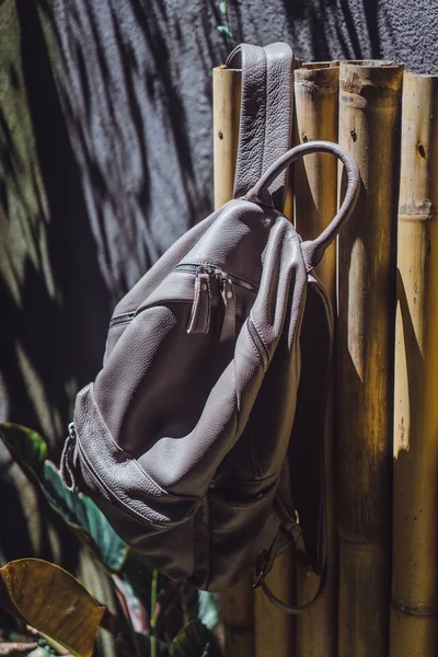 close-up view of leather backpack hanging