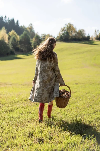 Young Woman Long Red Hair Linen Dress Gathering Mushrooms Forest — Stock Photo, Image