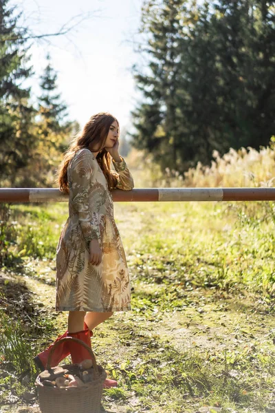 Young Woman Long Red Hair Linen Dress Gathering Mushrooms Forest — Stock Photo, Image