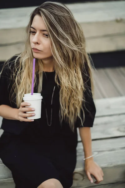 Young Woman Long Hair Girl Drinks Coffee Cardboard Cup — Stock Photo, Image