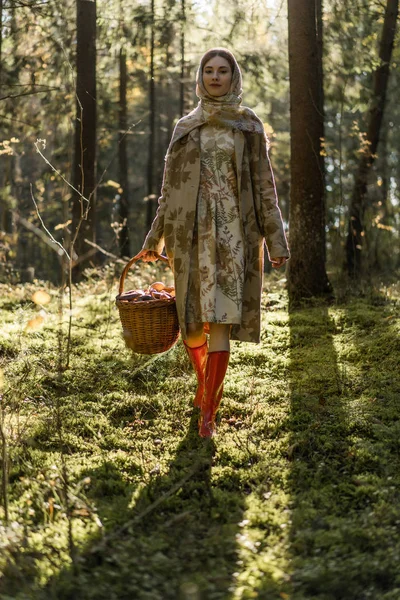 Young Woman Long Red Hair Linen Dress Gathering Mushrooms Forest — Stock Photo, Image