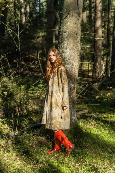 Young Woman Long Red Hair Linen Dress Gathering Mushrooms Forest — Stock Photo, Image