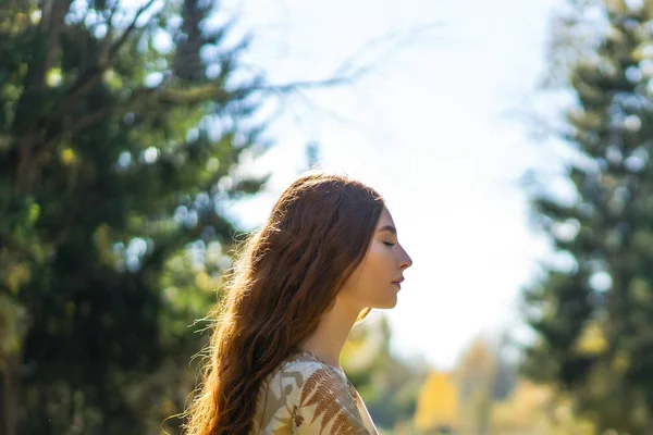 穿着亚麻布衣服的红头发年轻女人在森林里的大篮子里采蜜 — 图库照片