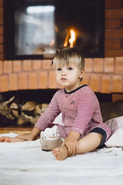 Child Fireplace Cocoa Drink Marshmello Fireplace — Stock Photo, Image
