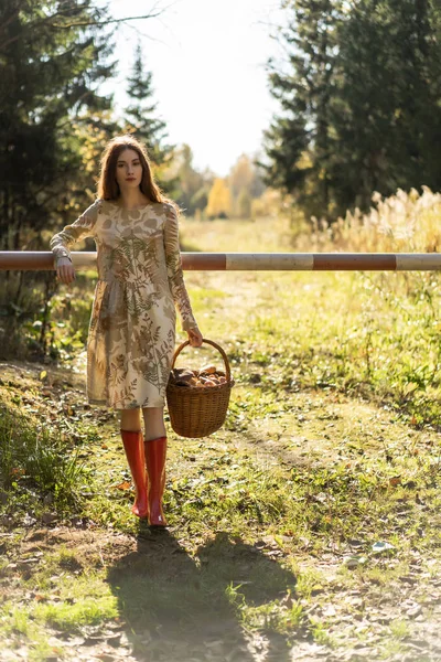 Jeune Femme Aux Longs Cheveux Roux Dans Une Robe Lin — Photo