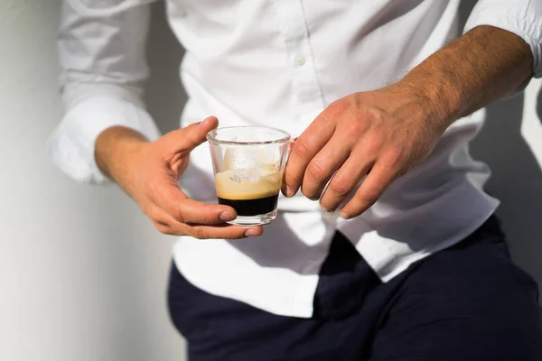 Man White Shirt Drinks Coffee Outdoors Summer — Stock Photo, Image