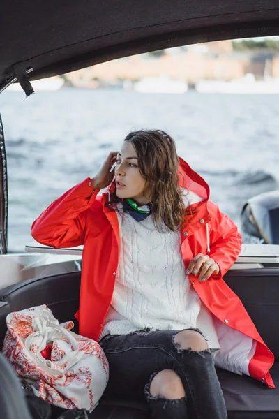 Beautiful Young Woman Red Raincoat Rides Private Yacht Stockholm Sweden — Stock Photo, Image