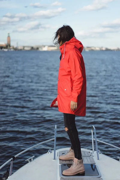 Beautiful Young Woman Red Raincoat Rides Private Yacht Stockholm Sweden — Stock Photo, Image