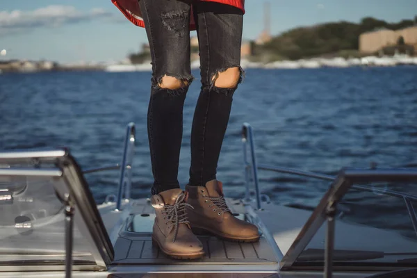 Beautiful Young Woman Red Raincoat Rides Private Yacht Stockholm Sweden — Stock Photo, Image