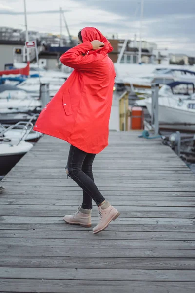Beautiful Young Woman Red Cloak Yacht Port Stockholm Sweden — Stock Photo, Image