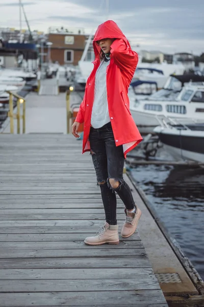 Beautiful Young Woman Red Cloak Yacht Port Stockholm Sweden — Stock Photo, Image