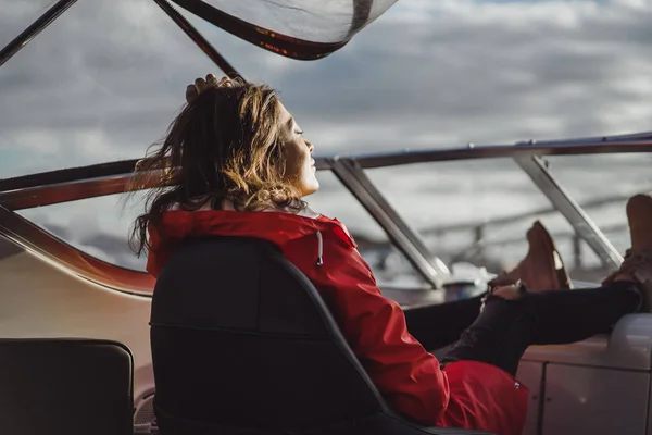 Beautiful Young Woman Red Raincoat Rides Private Yacht Stockholm Sweden — Stock Photo, Image