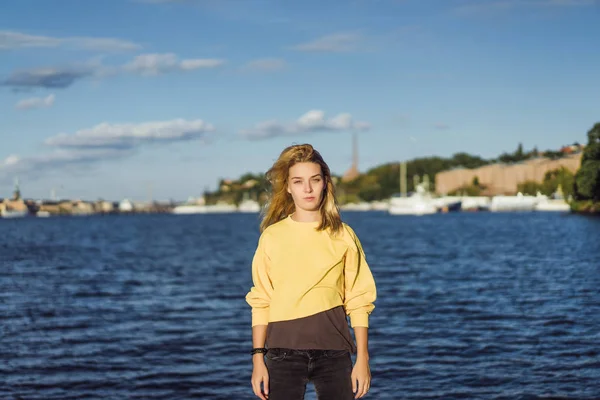 Beautiful Young Woman Red Raincoat Rides Private Yacht Stockholm Sweden — Stock Photo, Image