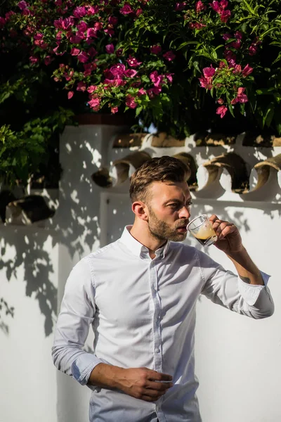 Man White Shirt Drinks Coffee Outdoors Summer — Stock Photo, Image