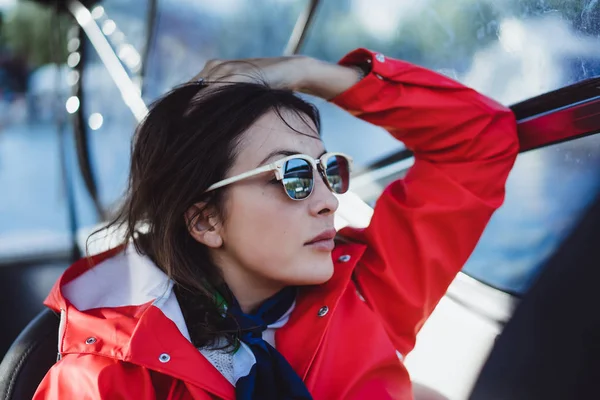 Beautiful Young Woman Red Raincoat Rides Private Yacht Stockholm Sweden — Stock Photo, Image