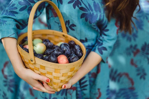 Wanita Muda Dengan Keranjang Buah Buahan Plum Dan Apel — Stok Foto