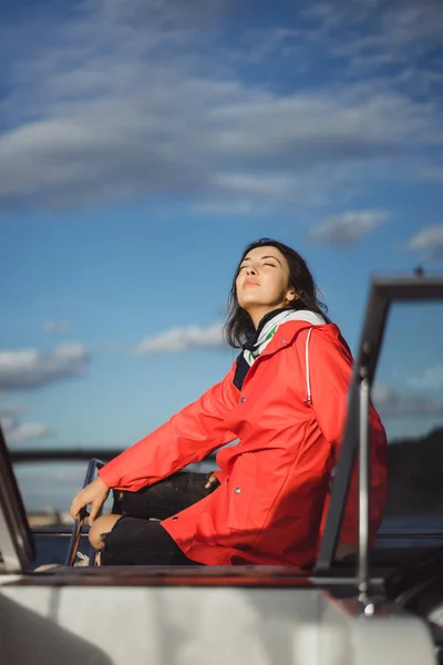 Beautiful Young Woman Red Raincoat Rides Private Yacht Stockholm Sweden — Stock Photo, Image