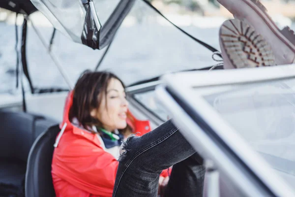 Beautiful Young Woman Red Raincoat Rides Private Yacht Stockholm Sweden — Stock Photo, Image