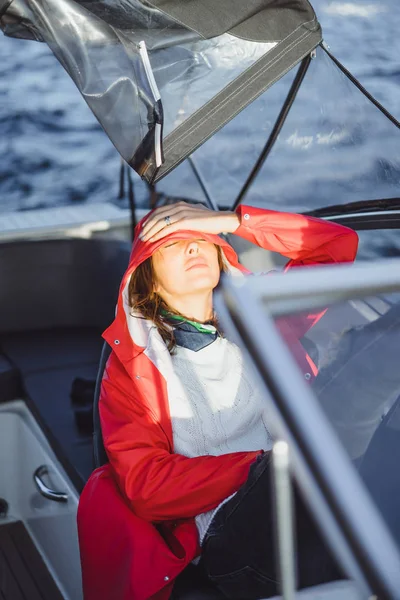 Beautiful Young Woman Red Raincoat Rides Private Yacht Stockholm Sweden — Stock Photo, Image