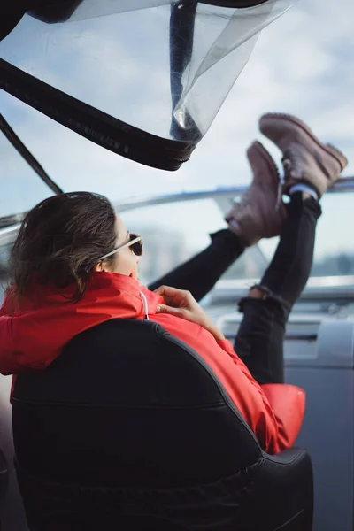 Beautiful Young Woman Red Raincoat Rides Private Yacht Stockholm Sweden — Stock Photo, Image