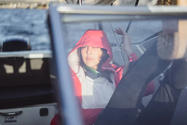 Beautiful Young Woman Red Raincoat Rides Private Yacht Stockholm Sweden — Stock Photo, Image