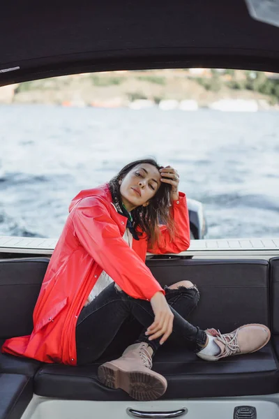 Beautiful Young Woman Red Raincoat Rides Private Yacht Stockholm Sweden — Stock Photo, Image