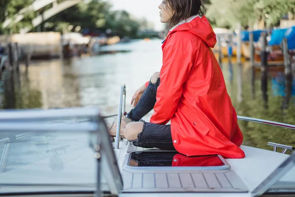 Beautiful Young Woman Red Raincoat Rides Private Yacht Stockholm Sweden — Stock Photo, Image